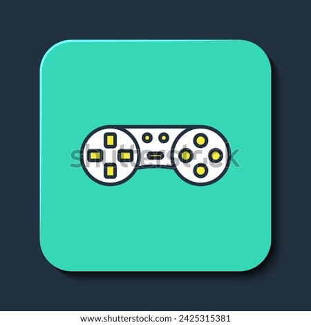 Filled outline Game controller or joystick for game console icon isolated on blue background. Turquoise square button. Vector