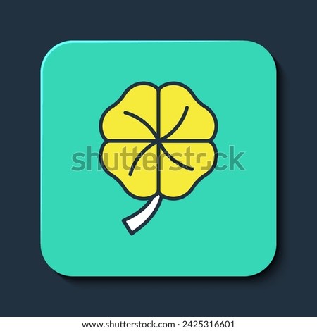 Filled outline Four leaf clover icon isolated on blue background. Happy Saint Patricks day. National Irish holiday. Turquoise square button. Vector