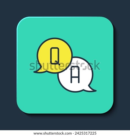 Filled outline Speech bubbles with Question and Answer icon isolated on blue background. Q and A symbol. FAQ sign. Chat speech bubble and chart. Turquoise square button. Vector