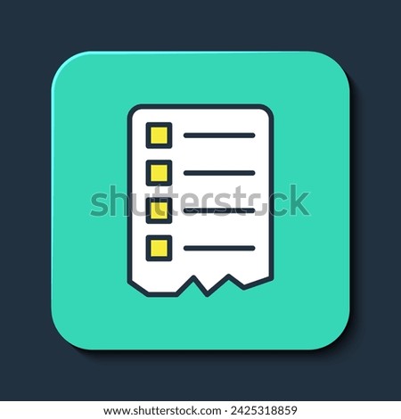 Filled outline Shopping list icon isolated on blue background. Turquoise square button. Vector