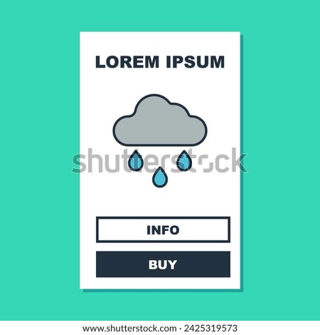 Filled outline Cloud with rain icon isolated on turquoise background. Rain cloud precipitation with rain drops.  Vector