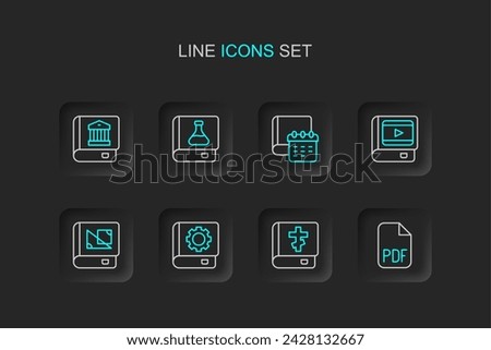 Set line PDF file document, Holy bible book, User manual, Book about geometry, cinema, Daily paper notepad, Chemistry and Law icon. Vector