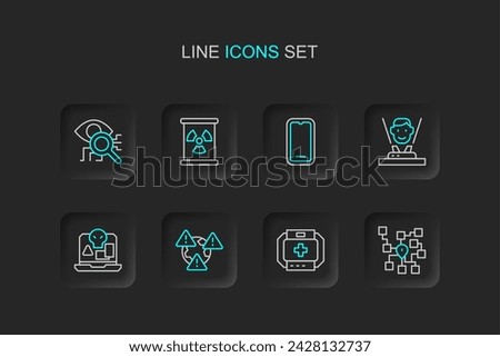 Set line Neural network, First aid kit, Earth with exclamation mark, Internet piracy, Hologram, Mobile phone, Radioactive waste in barrel and Eye scan icon. Vector