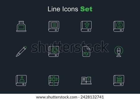Set line Law book, Open, Book as gift, Chemistry, Microphone, PDF file document, User manual and Pencil with eraser icon. Vector