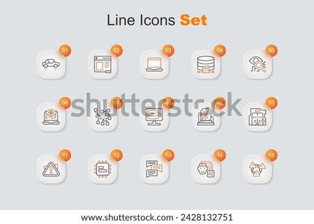 Set line Earth with exclamation mark, Humanoid robot, Speech bubble chat, Processor CPU, Exclamation in triangle, Futuristic sliding doors, Radioactive warning lamp and Cloud database icon. Vector