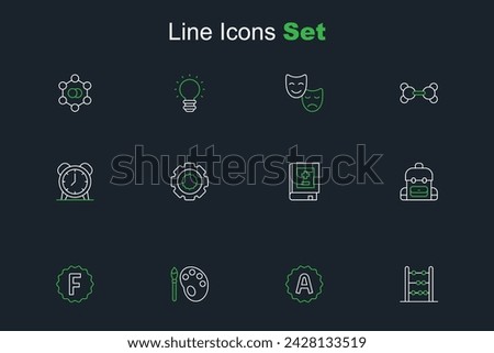 Set line Abacus, Exam sheet with plus grade, Paint brush palette, paper incorrect answers, School backpack, Book mathematics, Gear and Alarm clock icon. Vector