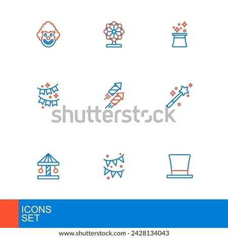 Set line Cylinder hat, Carnival garland with flags, Attraction carousel, Magic wand, Firework rocket, Magician and Ferris wheel icon. Vector