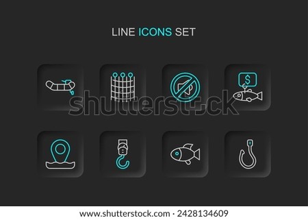 Set line Fishing hook, Spring scale, Location fishing, Price tag for, Speaker mute, net pattern and Inflatable boat with motor icon. Vector