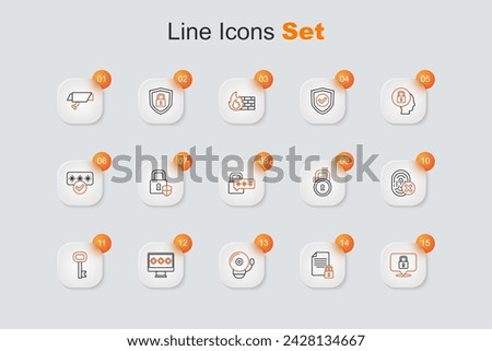 Set line Lock, Document and lock, Ringing alarm bell, Monitor with password, Old key, Cancelled fingerprint,  and Cyber security icon. Vector