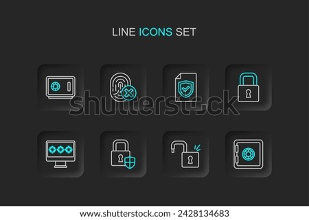 Set line Safe, Open padlock, Shield security with, Monitor password, Lock, Contract shield, Cancelled fingerprint and  icon. Vector