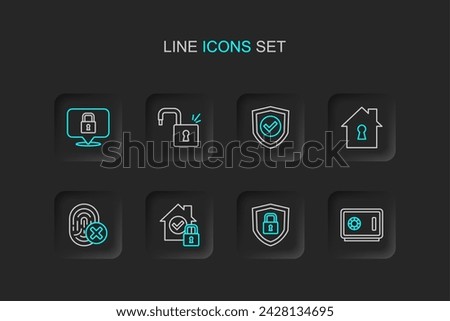 Set line Safe, Shield security with lock, House under protection, Cancelled fingerprint, check mark, Open padlock and Lock icon. Vector