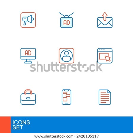 Set line File document, Mobile 24 hours support, Briefcase, Advertising, Create account screen, Mail and e-mail and  icon. Vector