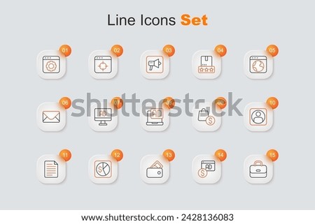 Set line Briefcase, Advertising, Wallet with money, Market analysis, File document, Create account screen, shopping bag and dollar and  icon. Vector