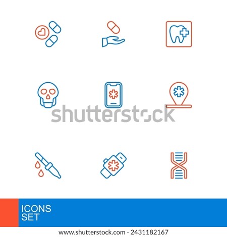 Set line DNA symbol, Smart watch with heart, Pipette, Location hospital, Skull, Emergency call 911, Dental clinic location and Medical prescription icon. Vector