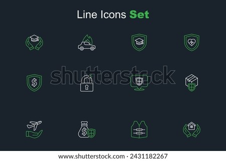 Set line House in hand, Life jacket, Money bag with shield, Plane, Delivery security, Location, Broken or cracked lock and Shield dollar icon. Vector