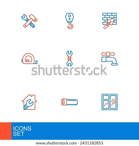 Set line Window in room, Hand saw, House with wrench spanner, Water tap, Roulette construction, Wrench, Brick wall trowel and Crane hook icon. Vector