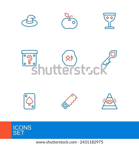 Set line All-seeing eye of God, Hand saw, Playing cards, Old magic key, Mystery box, Magic runes, Medieval goblet and Poison apple icon. Vector