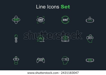 Set line Virtual reality glasses, Gamepad, 3d modeling,  and VR controller game icon. Vector