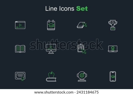 Set line Graduation cap on mobile, Web camera, Book with apple, Certificate template, Online education diploma, quiz, test, survey, play video and Open book icon. Vector