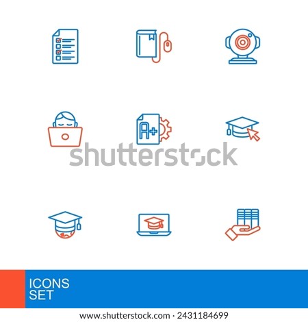 Set line Book donation, Graduation cap laptop, globe, with cursor, Student working, Exam sheet A plus grade, Web camera and Electronic book mouse icon. Vector