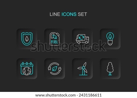 Set line Tree, Wind turbine, Electric saving plug leaf, World Earth day, Light bulb with, Garbage truck, Bio fuel canister and Shield icon. Vector