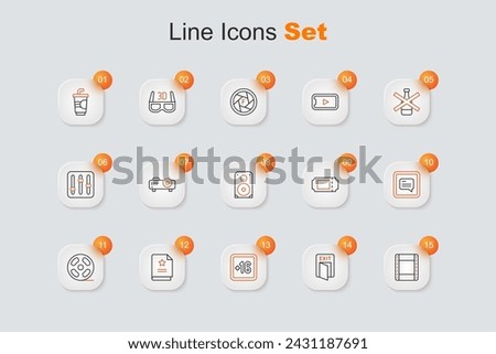 Set line Play video, Fire exit, Plus 16 movie, Scenario, Film reel, Video with subtitles, Cinema ticket and Stereo speaker icon. Vector