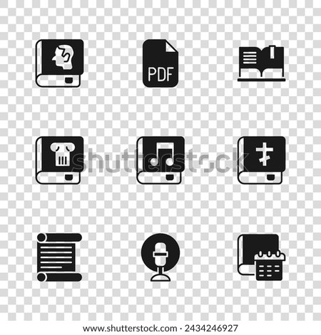 Set Microphone, Holy bible book, Daily paper notepad, Audio, Open, Law, PDF file document and History icon. Vector