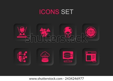 Set Network cloud connection, Earth with exclamation mark, Hologram, Cloud database, Cryptocurrency coin Bitcoin, Browser window, Planet earth and radiation and Humanoid robot icon. Vector