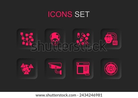 Set Security camera, Planet earth and radiation, Neural network, Browser window, Humanoid robot, Cryptocurrency coin Bitcoin, Medical pill biohacking and Earth with exclamation mark icon. Vector