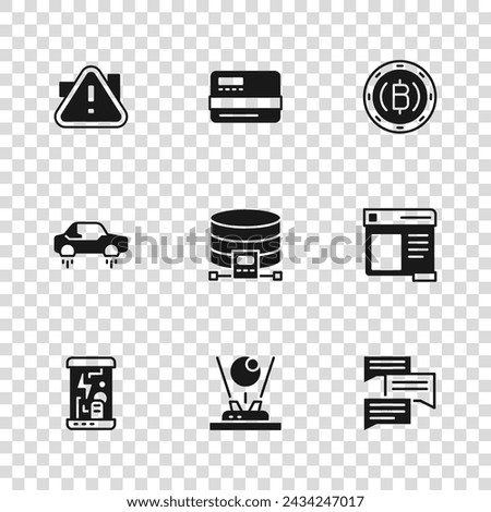 Set Hologram, Browser window, Speech bubble chat, Cloud database, Cryptocurrency coin Bitcoin, Exclamation mark triangle, Credit card and Fantastic flying icon. Vector