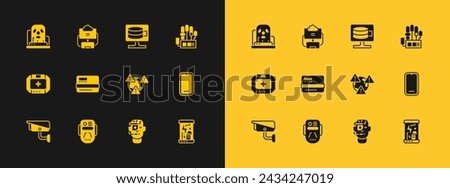 Set Mechanical robot hand, Artificial intelligence, Earth with exclamation mark, Smart glasses spectacles, Credit card, Cloud database, Radioactive warning lamp and  icon. Vector