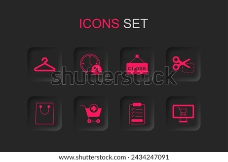 Set Add to Shopping cart, Clock and percent discount, Hanger wardrobe, Clipboard with checklist, Scissors cuts coupon, monitor, Hanging sign text Closed and Paper shopping bag icon. Vector
