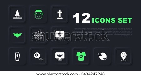 Set Moon and stars, Happy Halloween holiday, Spider web, Shirt with skull, Flying bat, Eye, Frankenstein face and  icon. Vector