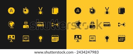 Set File document, Laptop, School Bus, Creative lamp light idea, Teacher, Medal, Exam sheet with A plus grade and Stopwatch icon. Vector