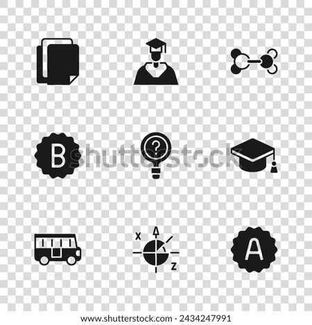 Set Trigonometric circle, Graduation cap, Exam sheet with A plus grade, Unknown search, Molecule, File document, Graduate and graduation and paper incorrect answers icon. Vector