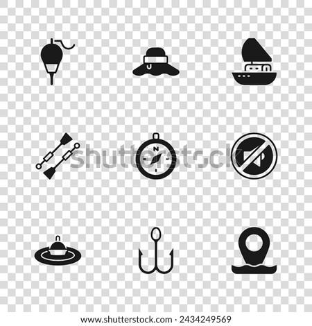 Set Fishing hook, Speaker mute, Location fishing, Compass, Yacht sailboat, float, Fisherman hat and Oars or paddles icon. Vector