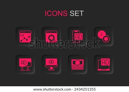 Set Advertising, Browser setting, Market analysis, Stacks paper money cash, Time management,  and  icon. Vector