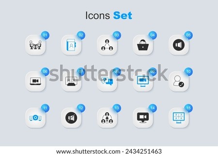 Set Video chat conference, Phone book, Movie, film, media projector, Meeting and Question and Answer icon. Vector