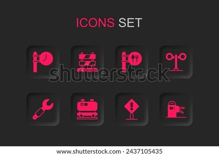 Set Oil railway cistern, End of tracks, Train station clock, Exclamation mark square, traffic light, Turnstile, Cafe and restaurant location and Wrench spanner icon. Vector