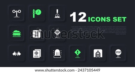 Set Train in railway tunnel, Stop sign, Online ticket booking, Exclamation mark square, Coal train wagon, Passport, station clock and Flasher siren icon. Vector
