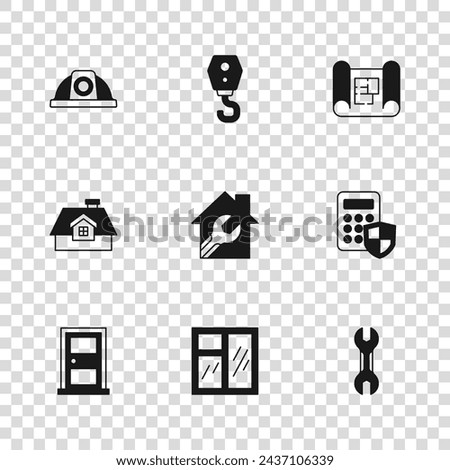 Set Window in room, Security keypad access panel, Wrench spanner, House with wrench, plan, Worker safety helmet, Crane hook and  icon. Vector