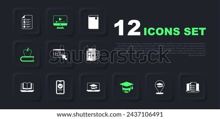 Set Online education, quiz, test, survey, Graduation cap globe, Book with apple, play video and laptop icon. Vector