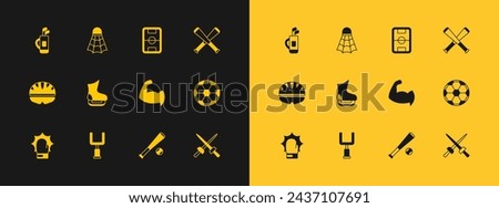Set Crossed baseball bat, American football goal post, Bodybuilder showing his muscles, Baseball with, Skates, Football field, Golf bag clubs and Badminton shuttlecock icon. Vector