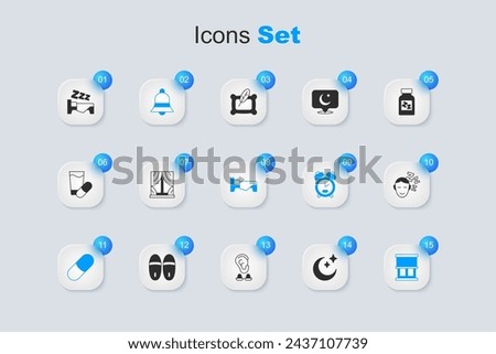 Set Moon and stars, Window with curtains, Ringing bell, Sleeping pill, Dreams, Time to sleep and Bed icon. Vector