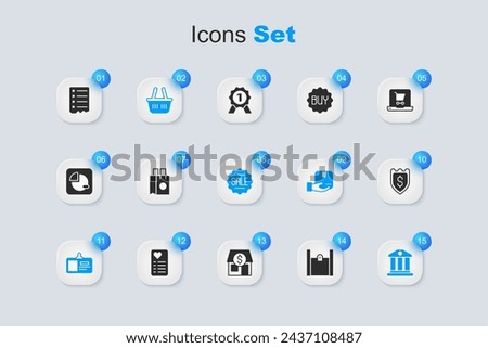Set Paper shopping bag, Shopping basket, Identification badge, Bank building, Shield with dollar, list and Price tag Sale icon. Vector