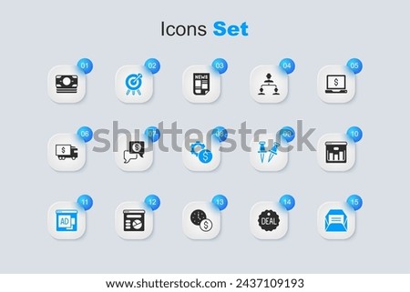Set Deal, Business negotiations, Target financial goal, Advertising, Envelope, Browser with stocks market, Stacks paper money cash and Gear dollar symbol icon. Vector