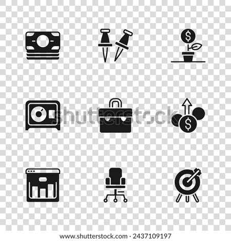 Set Office chair, Financial growth dollar, Target financial goal, Briefcase, Dollar plant, Stacks paper money cash, Push pin and Safe icon. Vector