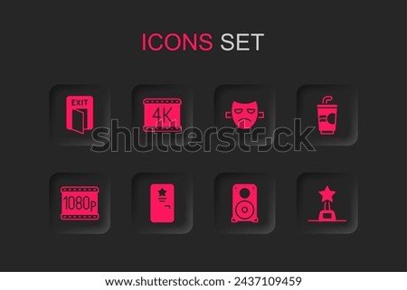 Set Backstage, 4k movie, Fire exit, Stereo speaker, Paper glass with water, Movie trophy, Drama theatrical mask and Full HD 1080p icon. Vector
