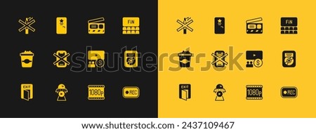 Set Cinema auditorium with screen, Science fiction, Full HD 1080p, No cell phone, Movie clapper, smoking and Backstage icon. Vector