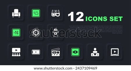 Set Actor star, Online play video, Camera shutter, Rating movie, Plus 16,  and Movie clapper icon. Vector